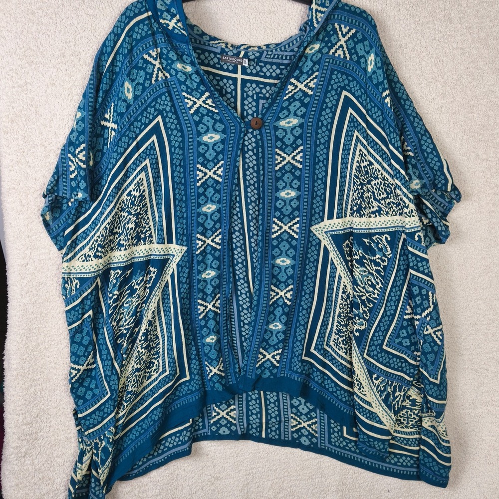 Earthbound Trading Co Boho‎ Poncho Tunic Top One Size Teal Geometric Festival